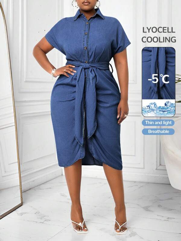 SHEIN Lady Vestido de mezclilla midi de talla grande, azul con manga corta ajustada informal