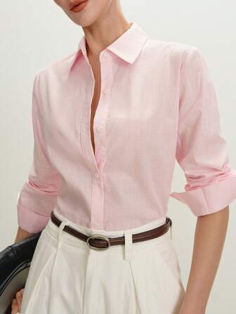 BizChic 女士经典露肩商务衬衫，长袖，纽扣开襟，粉色，适合办公室通勤穿着，优雅商务休闲上衣