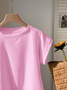 Comfortcana Women Plus Size Plain Short Sleeve T-Shirt, Casual And Minimal For Everyday Wear, Spring/Summer Pink Tshirt Pink Top - Pink - View 4