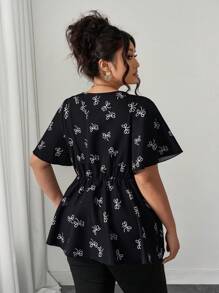 Elenzga Plus Size Women's Summer Casual Vacation Ribbon Bowknot Ruffled Sleeve A-Line Waist Shirt - Black - View 2