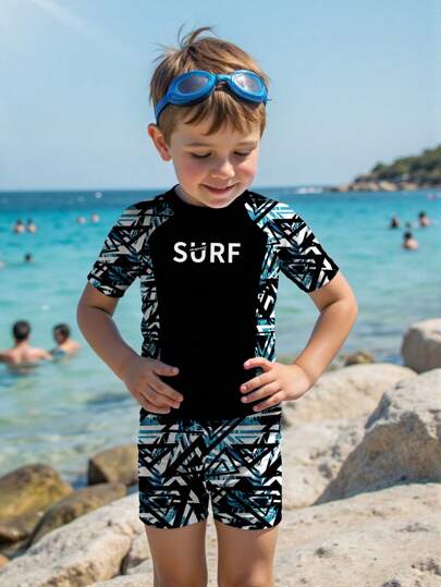 SHEIN Young Boys Casual Loose Fit Round Neck Short Sleeve T-Shirt And Shorts, Swimsuits Set, Suitable For Summer