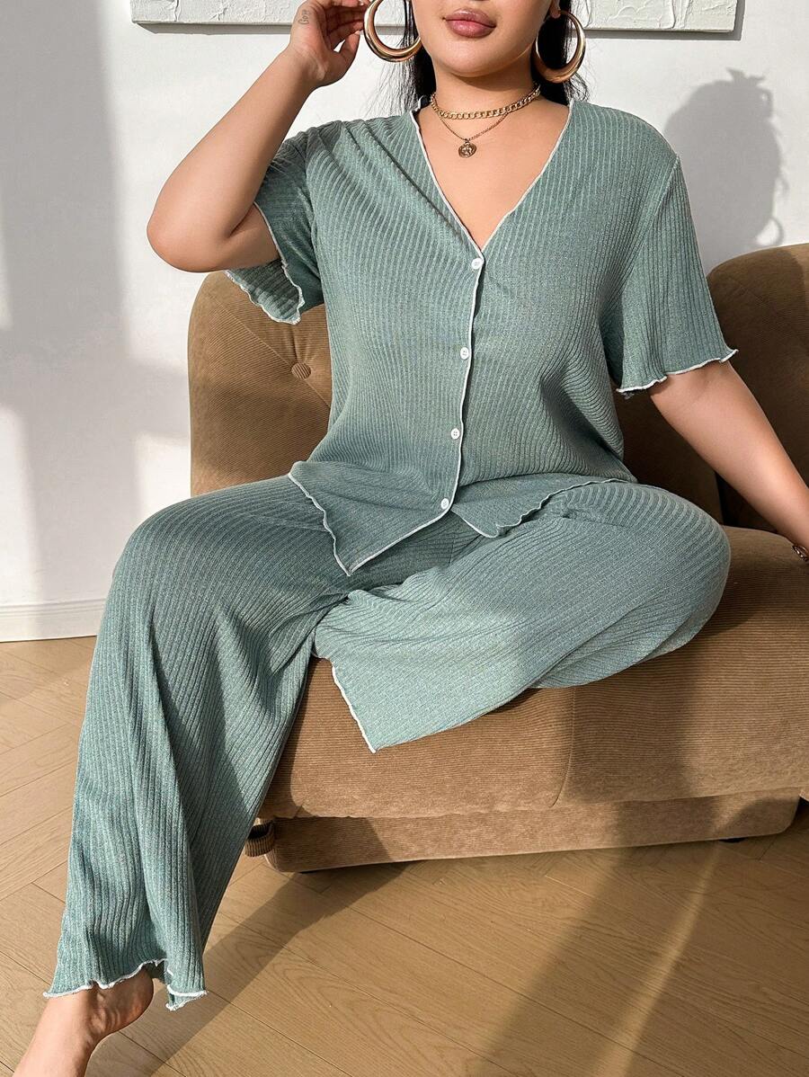 SHEIN Plus Size Women 1 zestaw jednokolorowej dzianiny z prążkowanym wykończeniem, piżama, top i spodnie, stroje - Miętowy Zielony - Zobacz 1