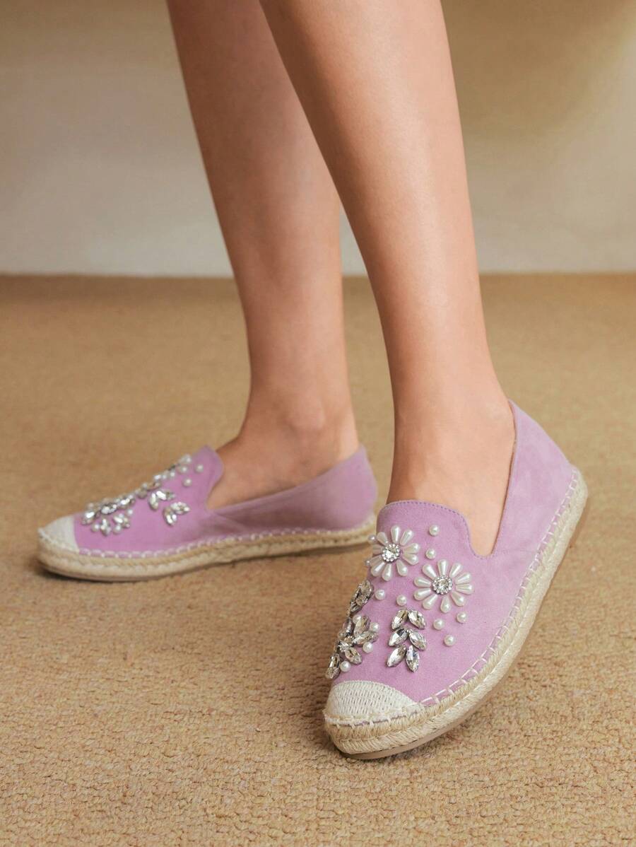 Styleloop Purple Beaded & Rhinestone Embellished Espadrille Flat Shoes For Women, Bohemian Style Vacation Slip-On - Purple - View 1