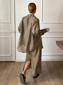 Livesso Bộ trang phục hai mảnh dành cho phụ nữ mặc hàng ngày bằng vải lanh - màu nâu - Xem 2