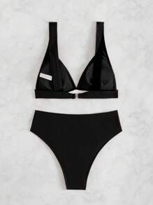 Swim Basics Women's Solid Color Camisole Tankini Swimsuit With Separate Bikini Bottom For Summer Beach Vacation - Black - View 2