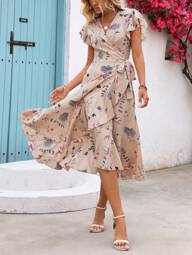 Breezaya Women's Floral Printed Wrap Style Midi Dress Maxi Women Outfit