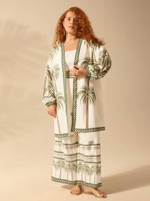 CAJUNI Kimono para cubrir talla grande de mujer de manga linterna con estampado de árbol de coco para la playa, vacaciones de estilo boho, verano tropical y casual