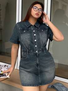 Dazy Plus Washed Retro Wrap Denim Girl's Short Sleeve Mini Dress, Summer - Medium Wash - View 5