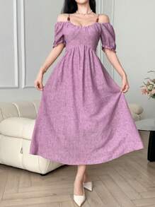 女士V领泡泡袖露肩收腰连衣裙，紫色，休闲女装 - 紫色 - 查看 3