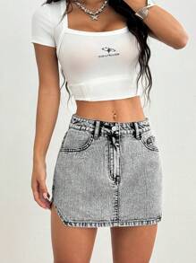 SHEIN ICON 女士高街低腰直筒牛仔中长裙，适合夏季 - 灰色 - 查看 3