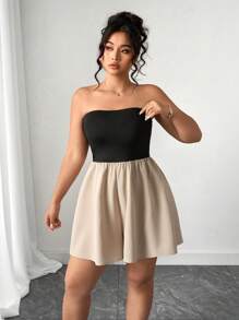 Elenzga Elegant Summer Vacation Sleeveless Strapless Romper In Black & Khaki, Plus Size