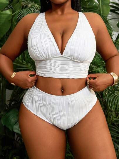 Slaydiva Conjunto de Traje de Baño de Talla Grande Minimalista con Tela Texturizada para Vacaciones de Verano