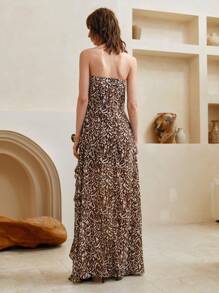 SHEIN LUNE Damen Chiffon Rüschensaum. Böhmischer Vintage-Druck, asymmetrisches Schlitzdesign, Neckholder-Rückenloses Maxikleid, Sommer, Urlaubsoutfits Frau, Urlaubskleid