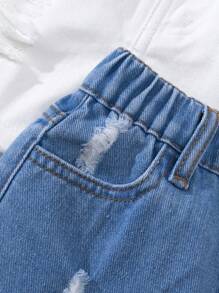 3pcs Casual Young Girls Denim Shorts Set, Distressed Washed Jeans, Versatile Style - Multicolor - View 5