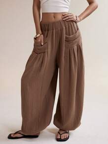 Easelle 2025年新款夏季女装波西米亚风度假风棕色梭织女式宽松双口袋阔腿裤 - 棕色 - 查看 4