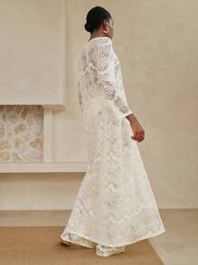 Arave 2pcs/Set Women Solid Color Hollow Long Sleeve V-Neck Cardigan & Straight Leg Pants, Casual Outdoor Beach Vacation Outfit For / Fall Women Clothes Fall Outfits Women Fall Autumn Clothes - Beige - View 4