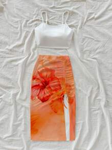 Soleia Bộ 2 chiếc họa tiết nhuộm loang hoa dâm bụt cổ điển dành cho nữ, phong cách nghỉ dưỡng thường ngày, gợi cảm, dễ thương, cô gái dừa Y2K, phong cách Boho, thích hợp cho lễ hội âm nhạc mùa hè - Nhiều màu - Xem 5