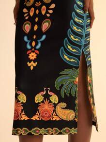 CAJUNI Đầm dệt kim in họa tiết hoa nhiệt đới màu đen ôm vừa vặn chéo lưng cho nữ - Nhiều màu - Xem 6