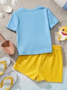 BABY SHARK X SHEIN Baby Boy Cartoon Shark Print Blue Casual Cute Short Sleeve T-Shirt And Yellow Loose Shorts Set