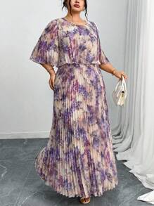 Reflora 大码女式夏季优雅褶皱雪纺连衣裙，飘逸长款漂亮连衣裙，女士优雅连衣裙，女士春季连衣裙，女士连衣裙，大码女式春季连衣裙，粉色连衣裙，女士长裙，花裙，女士紫色连衣裙，飘逸连衣裙，女士连衣裙，优雅礼服，女士夏季服装，工作夏装 - 紫色 - 查看 1