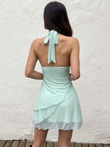 SHEIN EZwear 薄荷绿色网眼露背挂脖迷你连衣裙 - 薄荷綠 - 查看 2