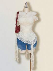 SHEIN ICON 大码女式休闲音乐节露肩网眼荷叶边不对称下摆上衣