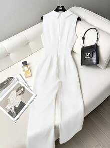 Franclia Bộ đồ liền thân ống rộng không tay ve loang màu trơn đơn sắc thường ngày dành cho nữ - trắng - Xem 2