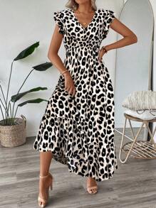 SHEIN LUNE V-Neck Cap Sleeve Waist Gathering Ruffled Hem A-Line Midi Dress, Casual Leopard Print, Elegant For Vacation Or Outdoor Wear Leopard Dress,Sun Dresses For Women,Shirt Dresses For Women - Apricot - View 4