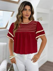 SHEIN MOOSTA Áo cánh tay lửng xếp nếp nhiều lớp phong cách Bohemian thanh lịch cỡ lớn thường ngày - Màu Đỏ Sâu - Xem 1