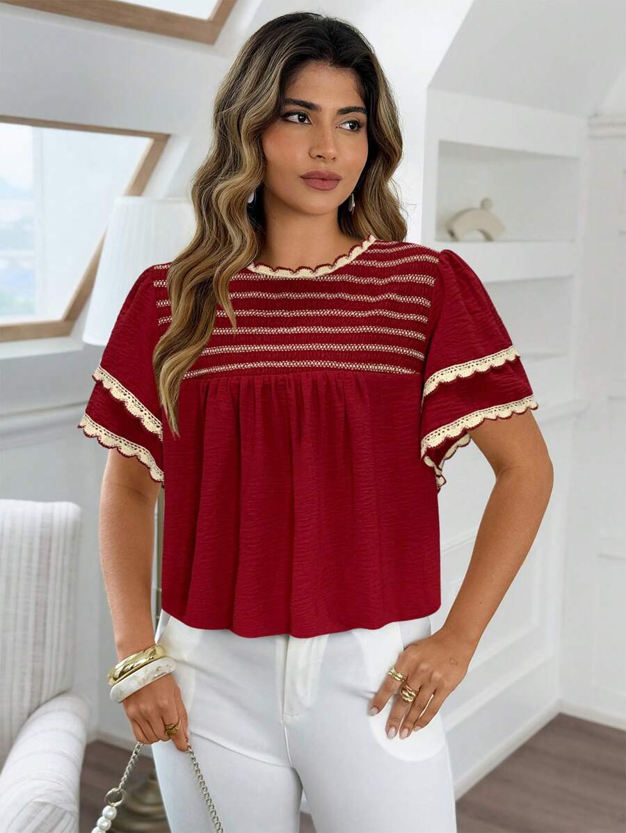 SHEIN MOOSTA Áo cánh tay lửng xếp nếp nhiều lớp phong cách Bohemian thanh lịch cỡ lớn thường ngày - Màu Đỏ Sâu - Xem 1