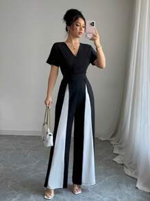 Elenzga 女士撞色重叠V领短袖优雅阔腿连体裤