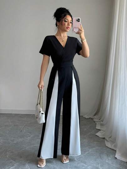 Elenzga 女士撞色重叠V领短袖优雅阔腿连体裤