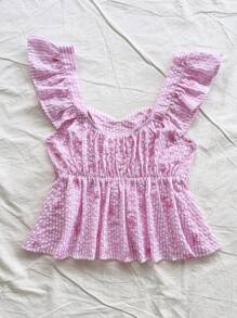 Soleia 女士甜美条纹刺绣蝴蝶结荷叶边荷叶边短袖衬衫，适合海滩度假、约会、下午茶、音乐节、波西米亚风、春夏季