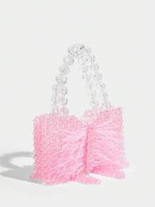 SHECARRY Bolso de playa elegante, dulce y de moda con cuentas y moño - Rosa - Ver 4