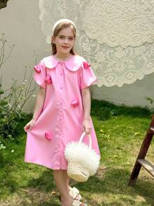Tween Girl Cute Peter Pan Collar 3D Heart Texture Loose Fit Fashionable Dress - Pink - View 1