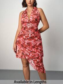 SHEIN Tall CURVE Đầm cổ yếm in hoa cỡ lớn cho nữ, dáng xòe bất đối xứng, đi nghỉ - Đỏ - Xem 1