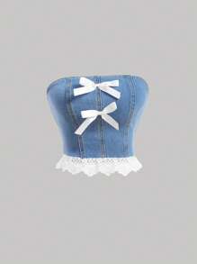 SHEIN Teen Girls' Spring Summer Y2K Casual Versatile Light Washed 2 Pcs Low Waist Denim Mini Skirt And Crop Top With Trim And Bowknot Detailed,Girls Summer Beach Boho Vacation Two Pieces Outfits,Summer Brunch Graduation Outfits,Summer Rave Concert Festival Streetwear Outfits - Light Wash - View 7