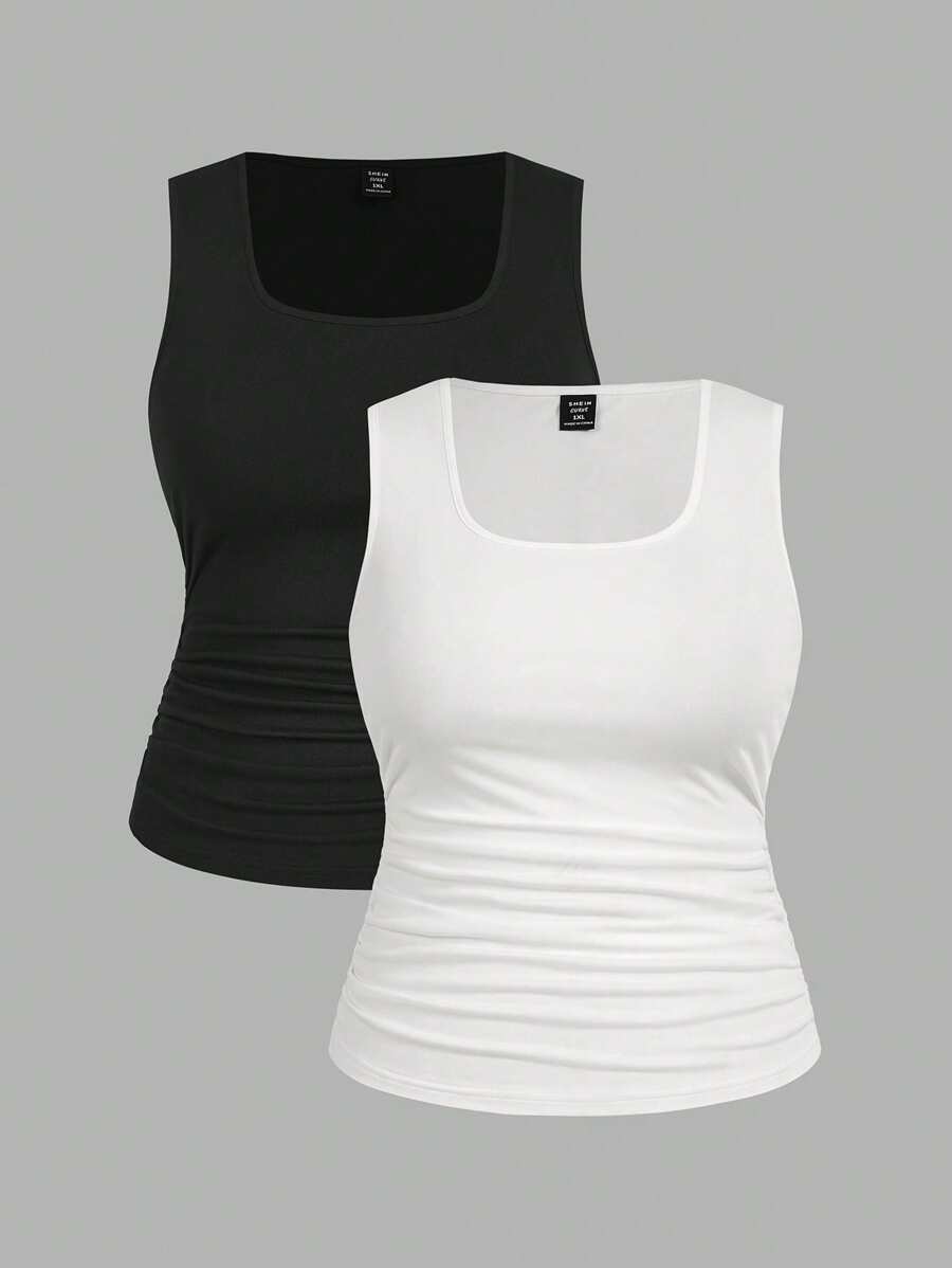 SHEIN LUNE 两件套休闲简约无袖上衣，大码女装，夏季女装返校季