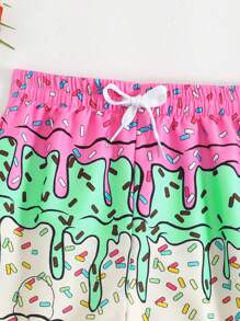 SHEIN Young Boy Ice Cream & Letter Print Drawstring Waist Beach Shorts - Green - View 3