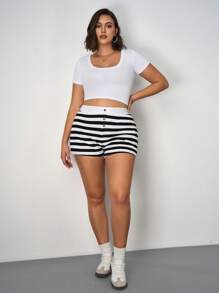 SHEIN Tall CURVE Casual Knit Striped Low-Waist Skinny Super-Short Shorts Women Loungewear Women Leggings Women Shorts For Summer - Black and White - View 6