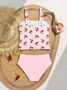 Tween Girl Cherry Print Tankini Swimsuit Set, Beach/Holiday - Multicolor - View 2