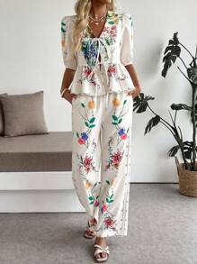 SHEIN LUNE Bộ 2 áo sơ mi ngắn tay phồng in hoa buộc phía trước và quần ống rộng cho nữ, Xuân/Hè - Nhiều màu - Xem 4