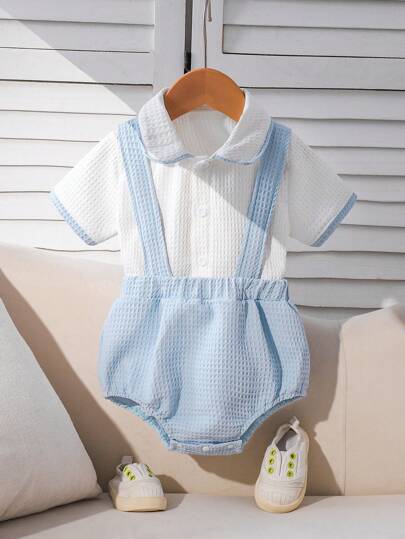Souflis Souflis 2pcs Baby Boy Summer Outfit: White Waffle Fabric Shirt With Apricot Trim, Button-Up Collar Casual Top + Apricot Waffle Fabric Suspender Shorts With Adjustable Straps, Suitable For Streetwear, Sports, Casual Occasions Boy Clothes For Baby Baby Boys Bodysuits Baby Boy Elegant Clothes Retro Baby Boy Clothes Baby Boy Dress Clothes