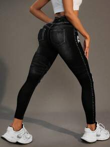 INAWLY 女士运动黑色牛仔效果紧身裤，适合跑步 - 黑色 - 查看 2