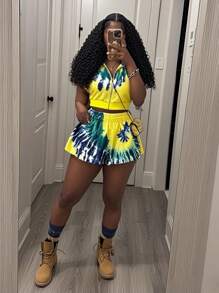 Slaydiva Set da 2 pezzi composto da cardigan corto casual con zip e stampa tie-dye + minigonna a ruota tie-dye, adatto per uscite giornaliere, feste, festival musicali, Pasqua, vacanze, stile Gyaru, abbigliamento casual di strada, laurea
