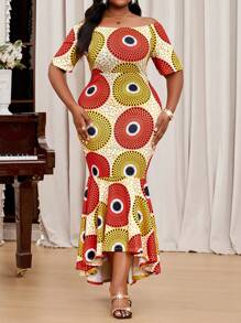 SHEIN Lady  Spring And Summer Elegant Plus Size Flounce Sleeve Mermaid Off The Shoulder Orange Yellow Plus Size Dresses Valentine's Day New Year Party Women Dress Vacation Outfits Woman - Multicolor - View 3