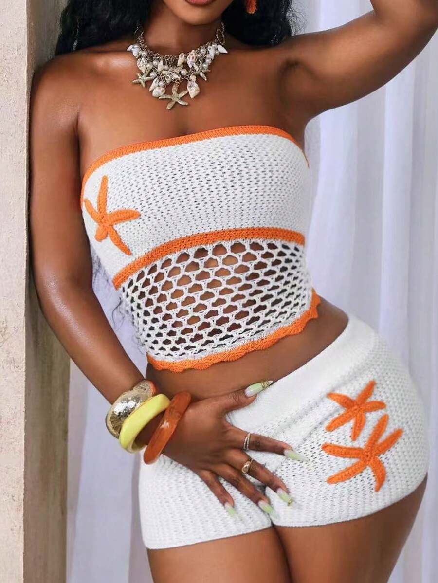 BamGleam 女士针织吊带背心上衣，白色配橙色撞色星星和海星镂空网眼夏季休闲无袖背心 - 白色 - 查看 1