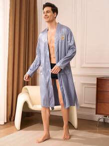 Manfinity Underwear&Sleepwear Basics Men Letter & Leopard Print Jacquard Long Sleeve Robe - Baby Blue - View 8