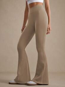 1pc Regular Flare Pants, Moisture Wicking Fabric, Wheat Color, Side Wheat Design, Basic Style, Seamless, Suitable For Fitness/Yoga
