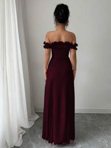 Elenzga 露肩荷叶边饰腰部喇叭下摆褶皱雪纺优雅浪漫女士连衣裙 - 酒紅色 - 查看 2